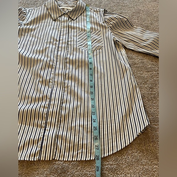 Milly Fractured Sleeve Gray Striped Button Down, Long Sleeve Cotton Blouse, 10 - Picture 8 of 16